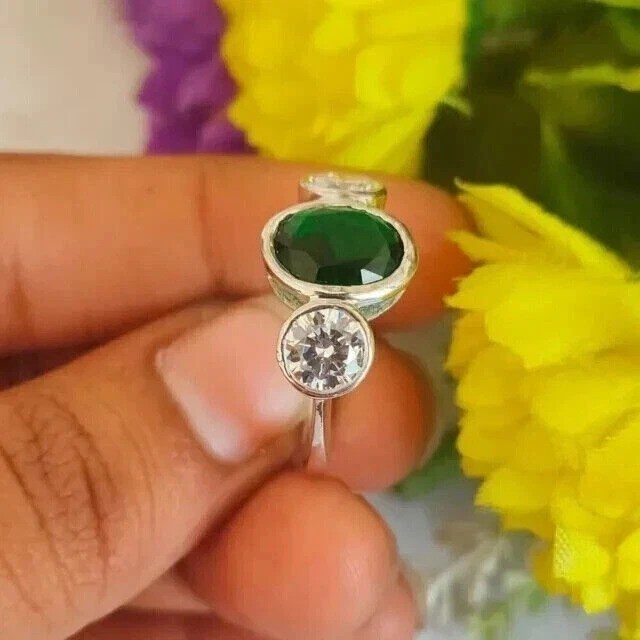 Art Deco Style 3-Stone 2Ct Oval Lab Created Emerald Engagement 925 Silver Ring