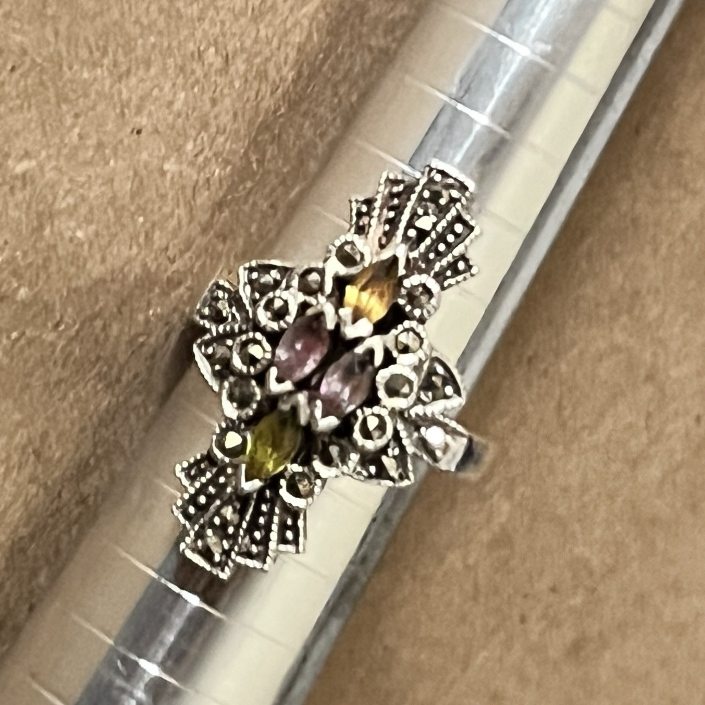 Vntg Sterling Silver Amethyst Sapphire Tourmaline Topaz & Marcasite Ring Size 6