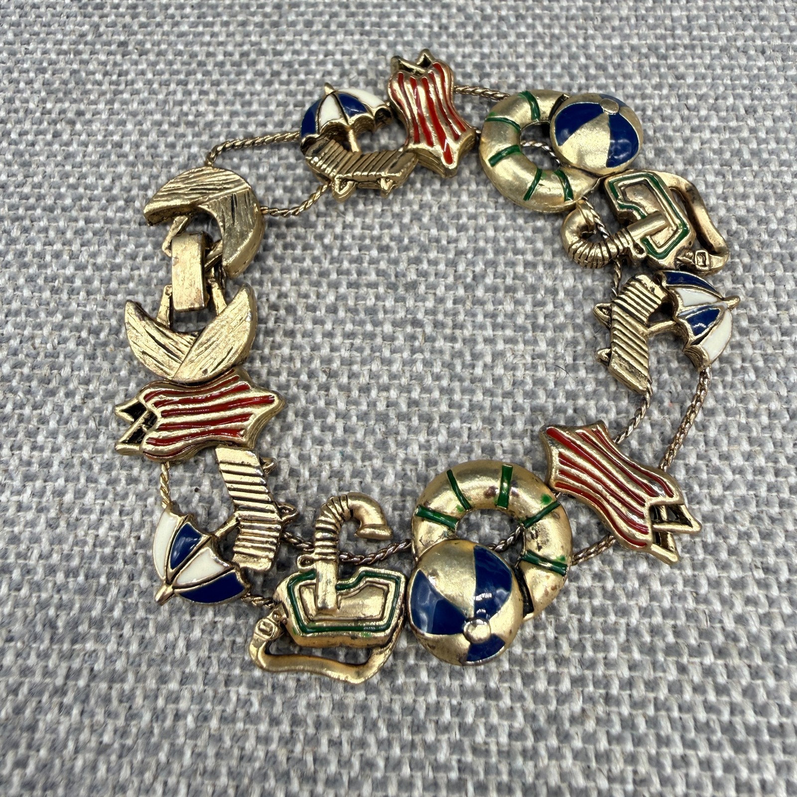 Vintage Slider Bracelet Enamel Beach Ball Pool Swimsuit Chaise Lounge Goggles