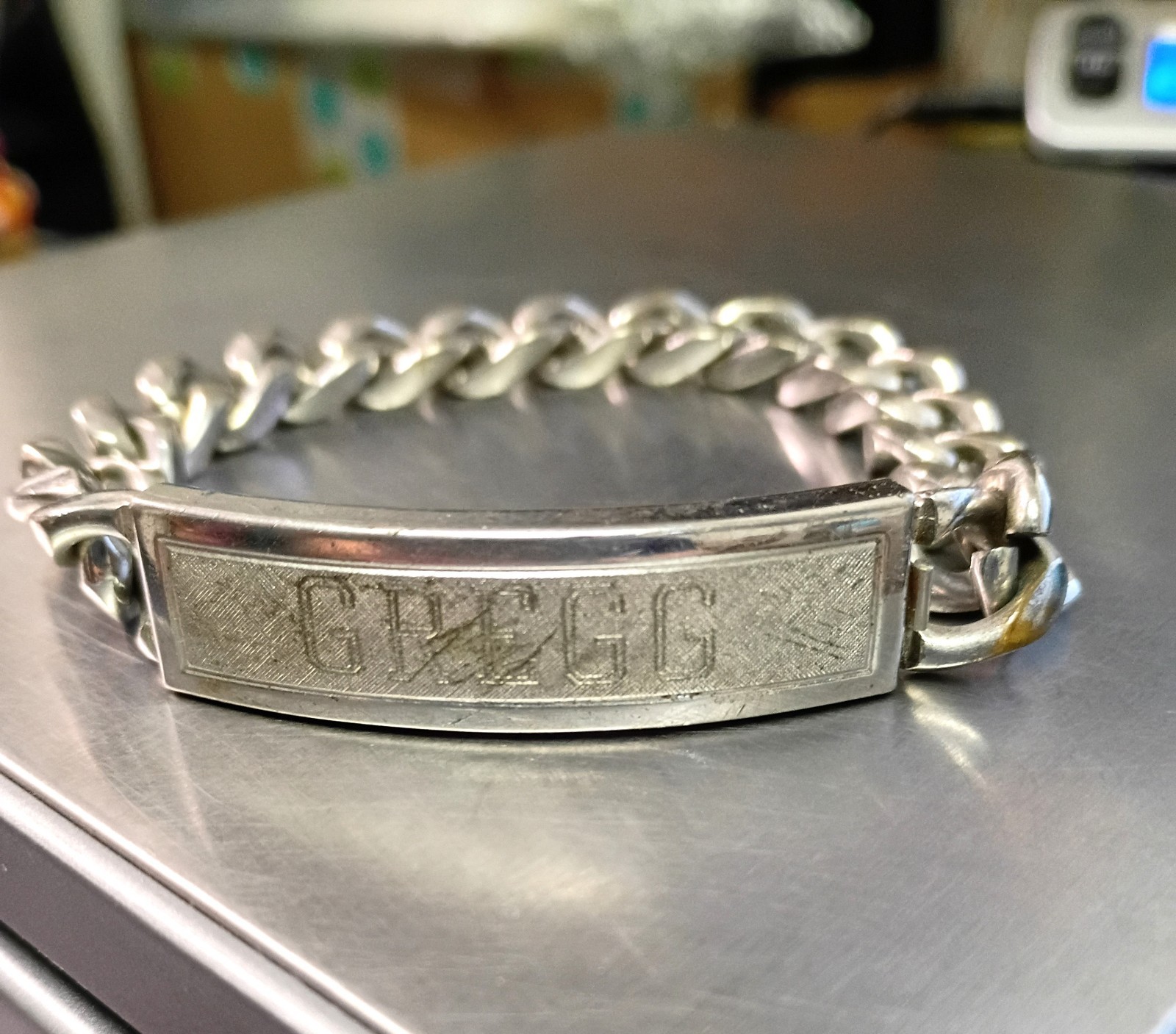 Vintage Speidel USA ID Bracelet Rhodium Electroplate Engraved GREGG