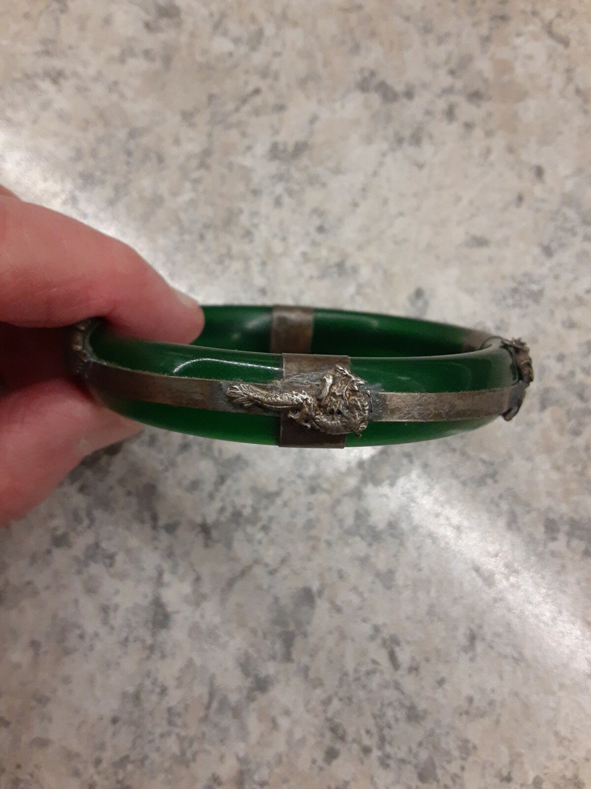Vintage Green Glass Bangle Bracelet Silvertone Accents-Bearded Dragons Peacock