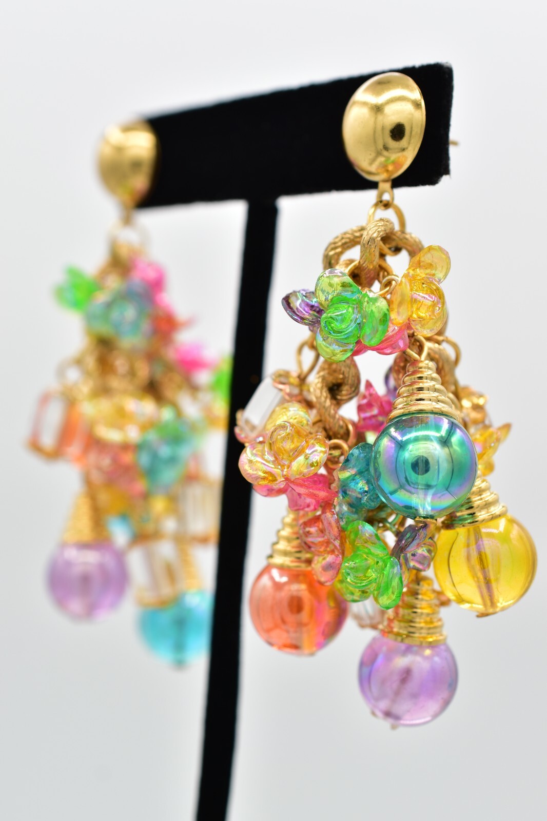 Vintage Ornament Beaded Dangle Earrings Chain Multi-Color Lucite Chunky NOS A28