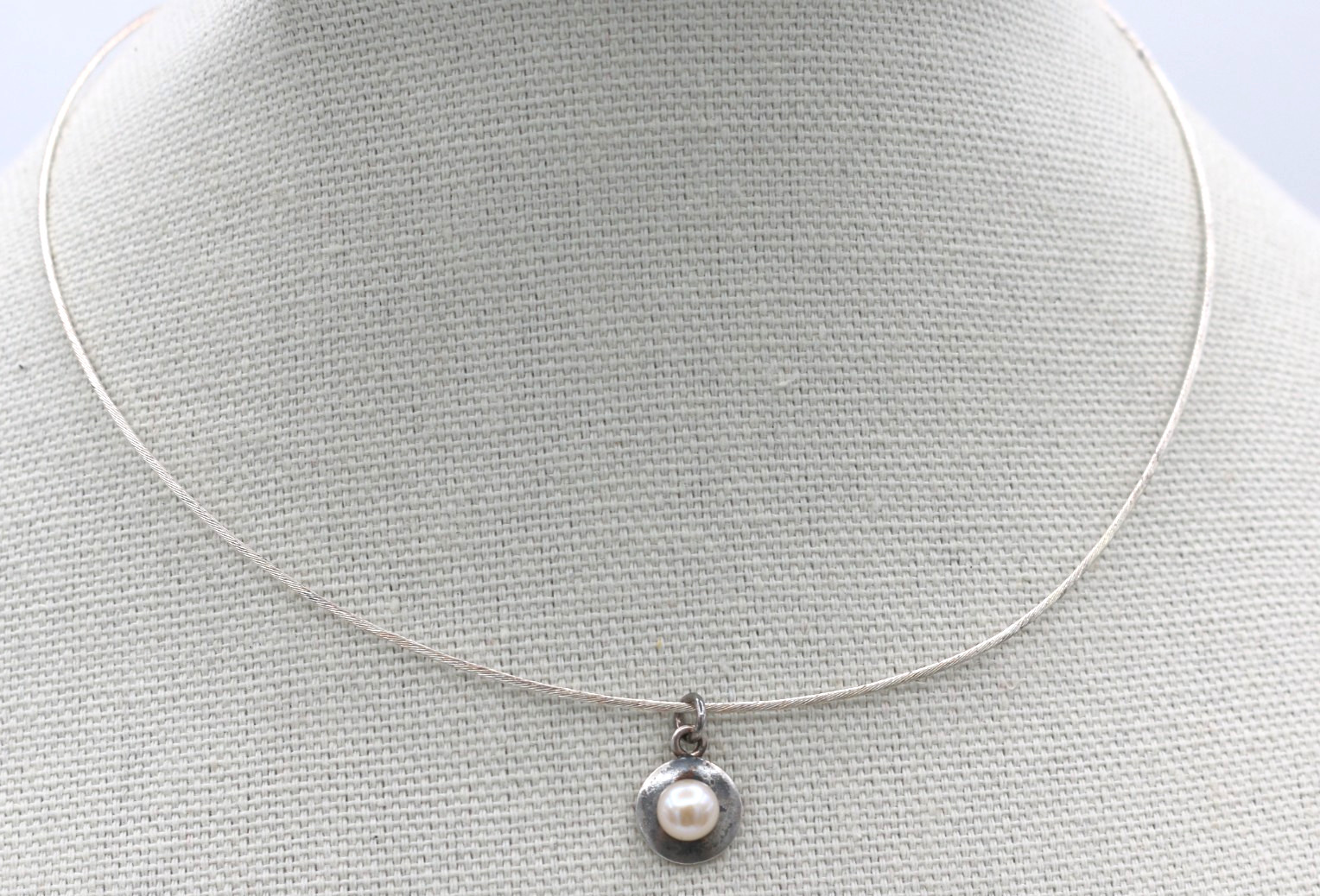 VTG Modernist Sterling Silver 925 Wire Collar Choker Necklace w/ Pearl Pendant