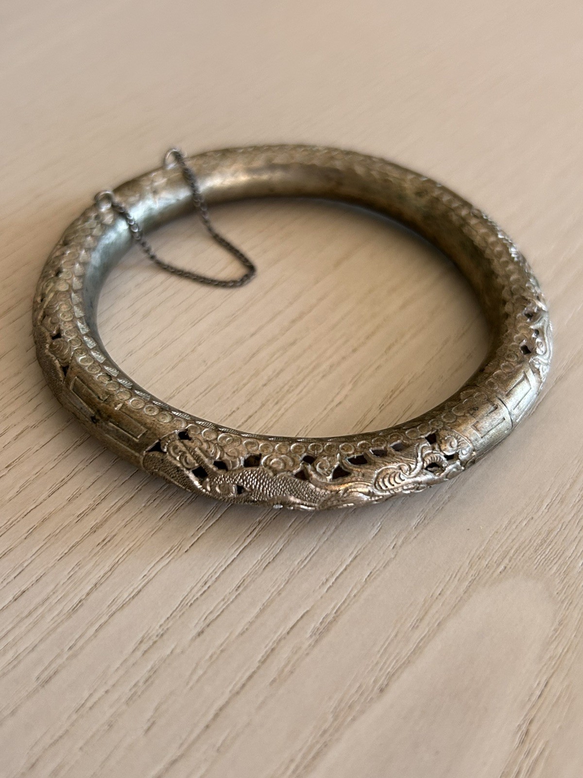 Antique Saigon Argent Dragon Silver Hinged Bangle Bracelet 1920s Art Deco