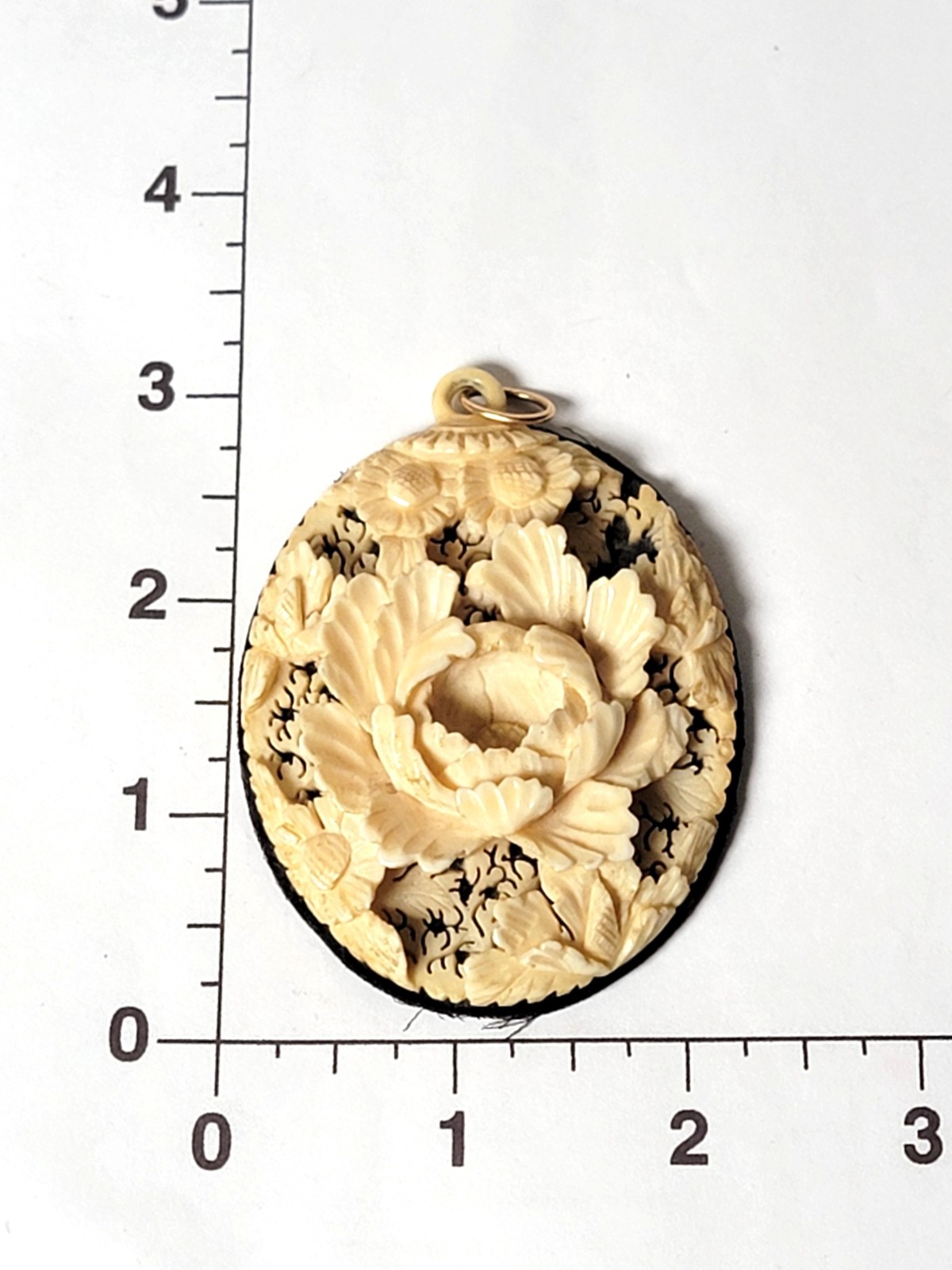 Vintage Floral Carved Celluloid Pendant Beige Wood Base 3D Acrylic Loop