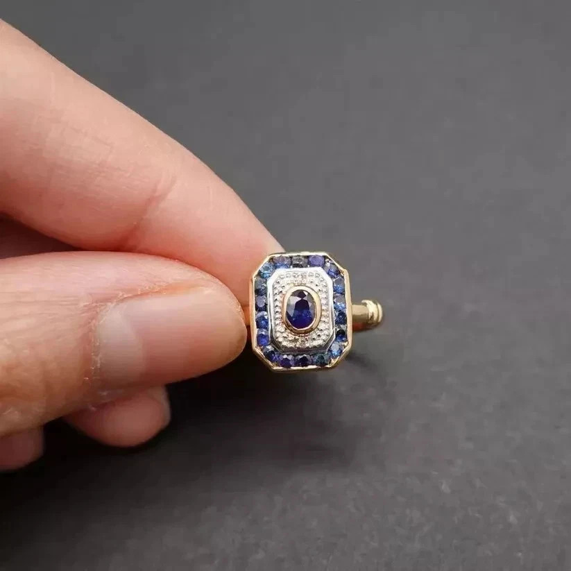 Art Deco Vintage Style Lab Created Diamond & Sapphire Wedding 14K Gold FN Ring