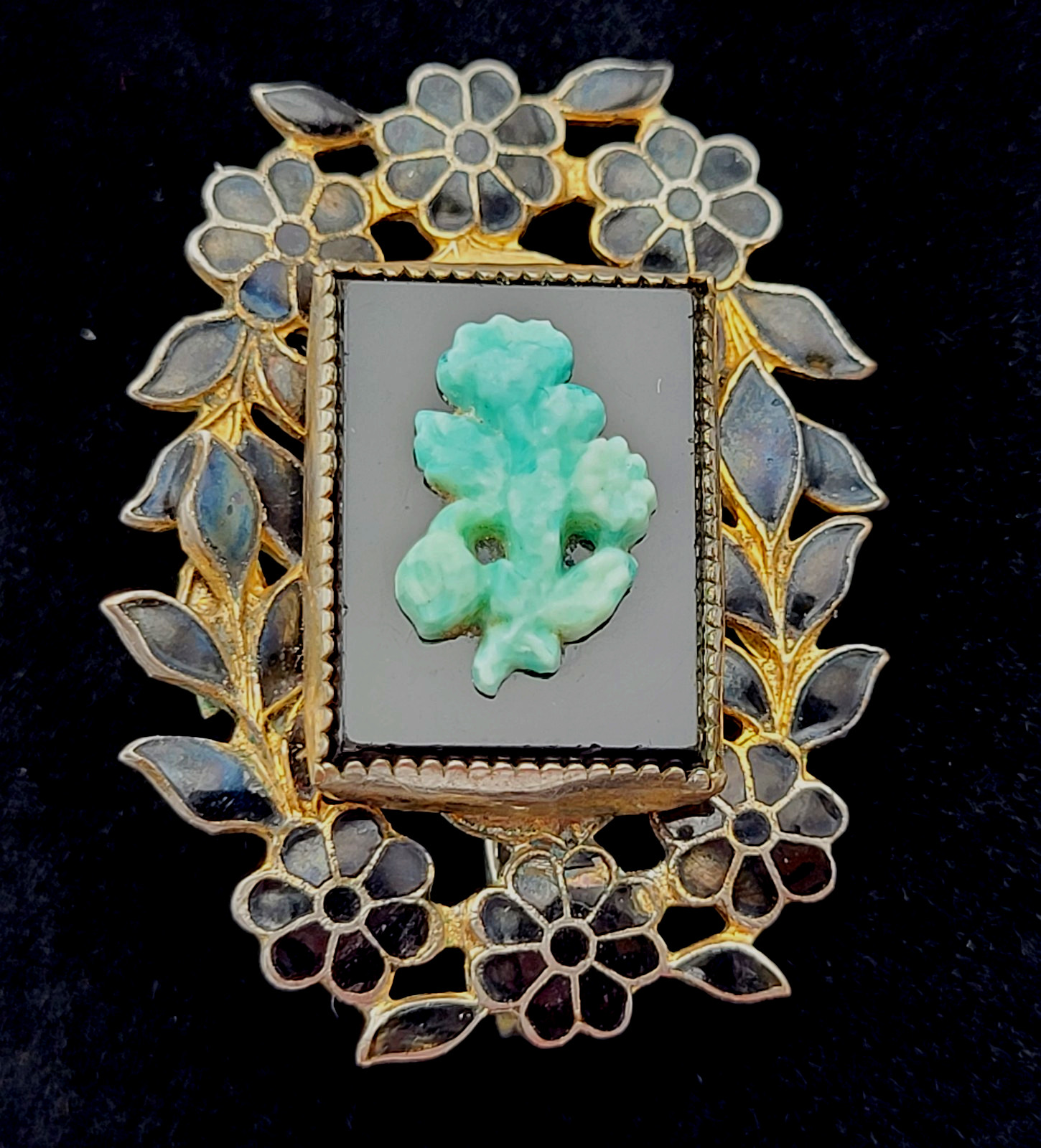 Nouveau Peking Glass Floral Victorian Mourning Brooch Style 1930s Vintage Brooch