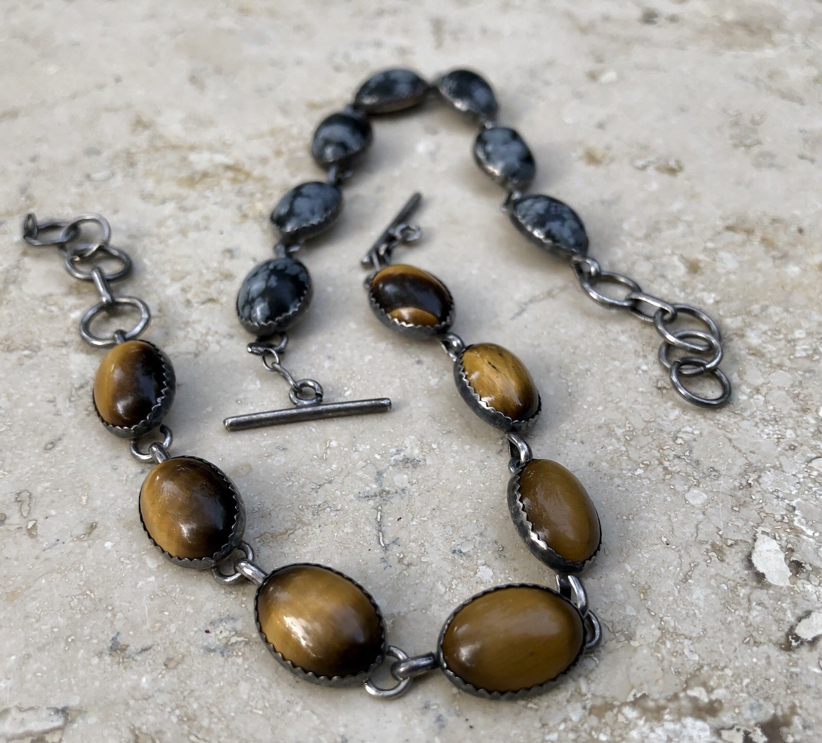 🐯🖤 ✨VINTAGE STERLING SILVER TIGER’S EYE OBSIDIAN Toggle Bracelet Set LOT ✨🖤🐯