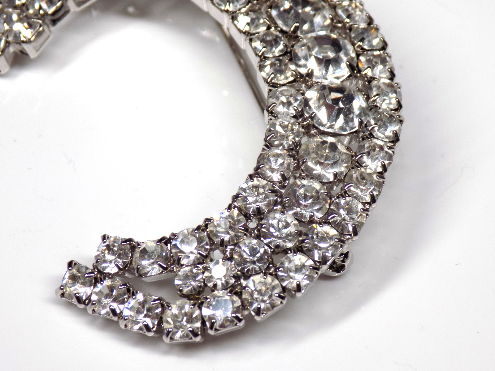 Vintage Big Rhinestone Brooch White Colorless Stones Silver-tone Crescent Moon