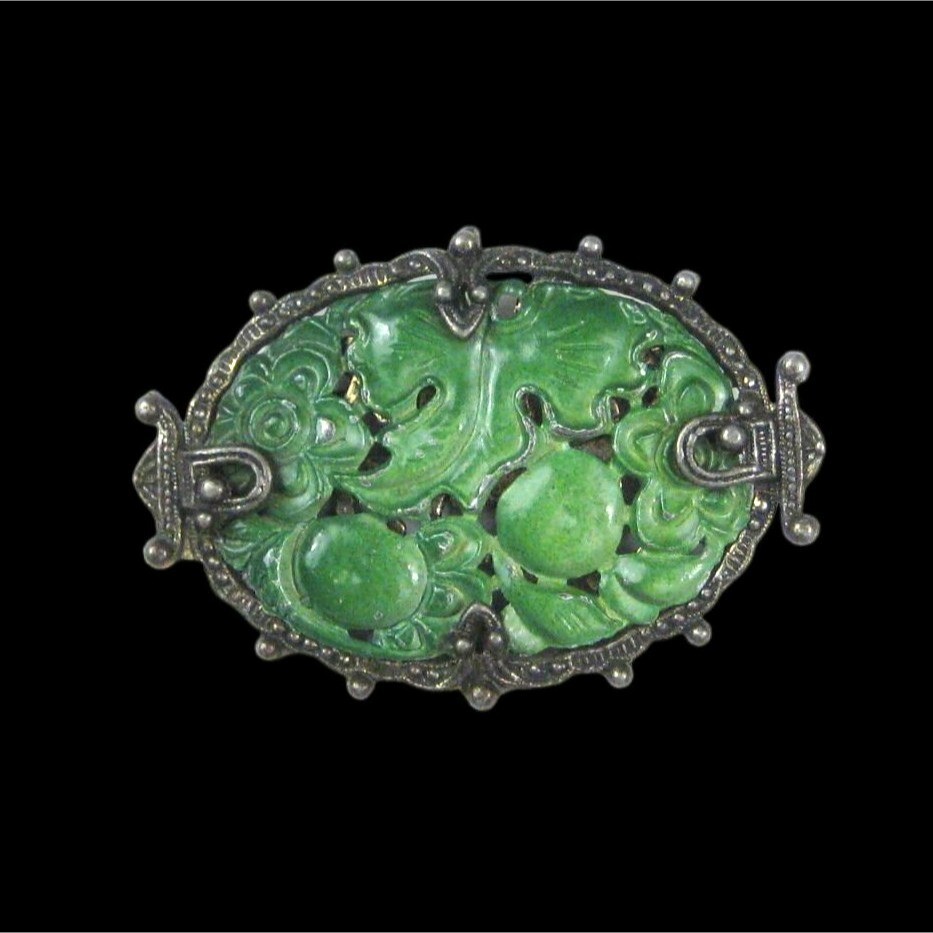 Victorian Repousse Enamel Metal Brooch Pin Silvetone Vintage Estate Leaf