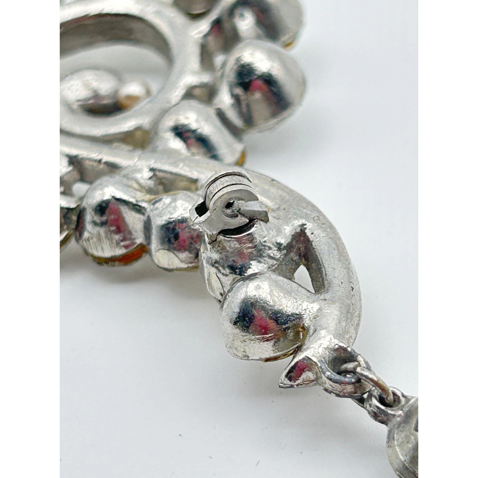 Vintage 1940s Pot Metal Rhinestone Brooch Pin Swirl Dangle Drop As Is