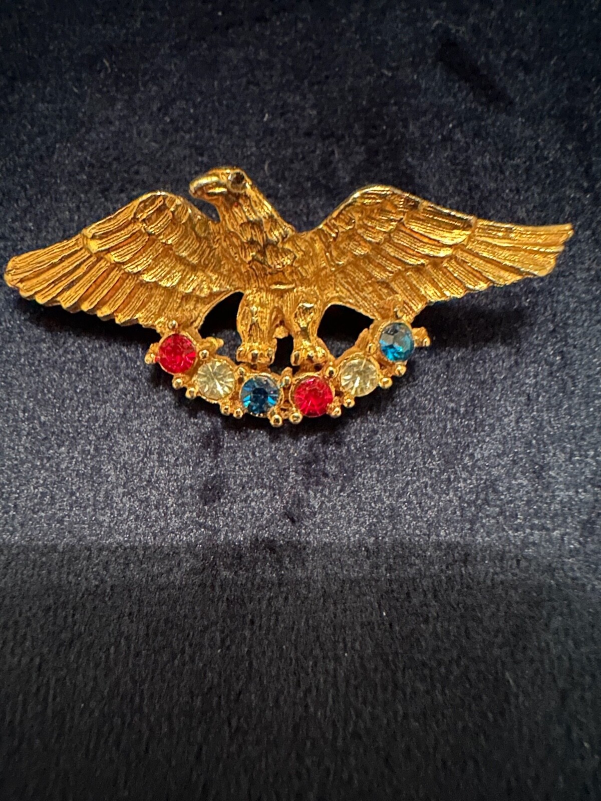 Vintage Eagle Gold Tone Pin Brooch Red White Blue Rhinestones Patriotic