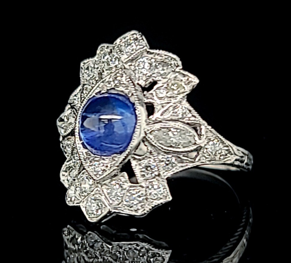 Vintage Platinum Ring 1.23CT. Natural Blue Sapphire cabochon round circ 1930’s