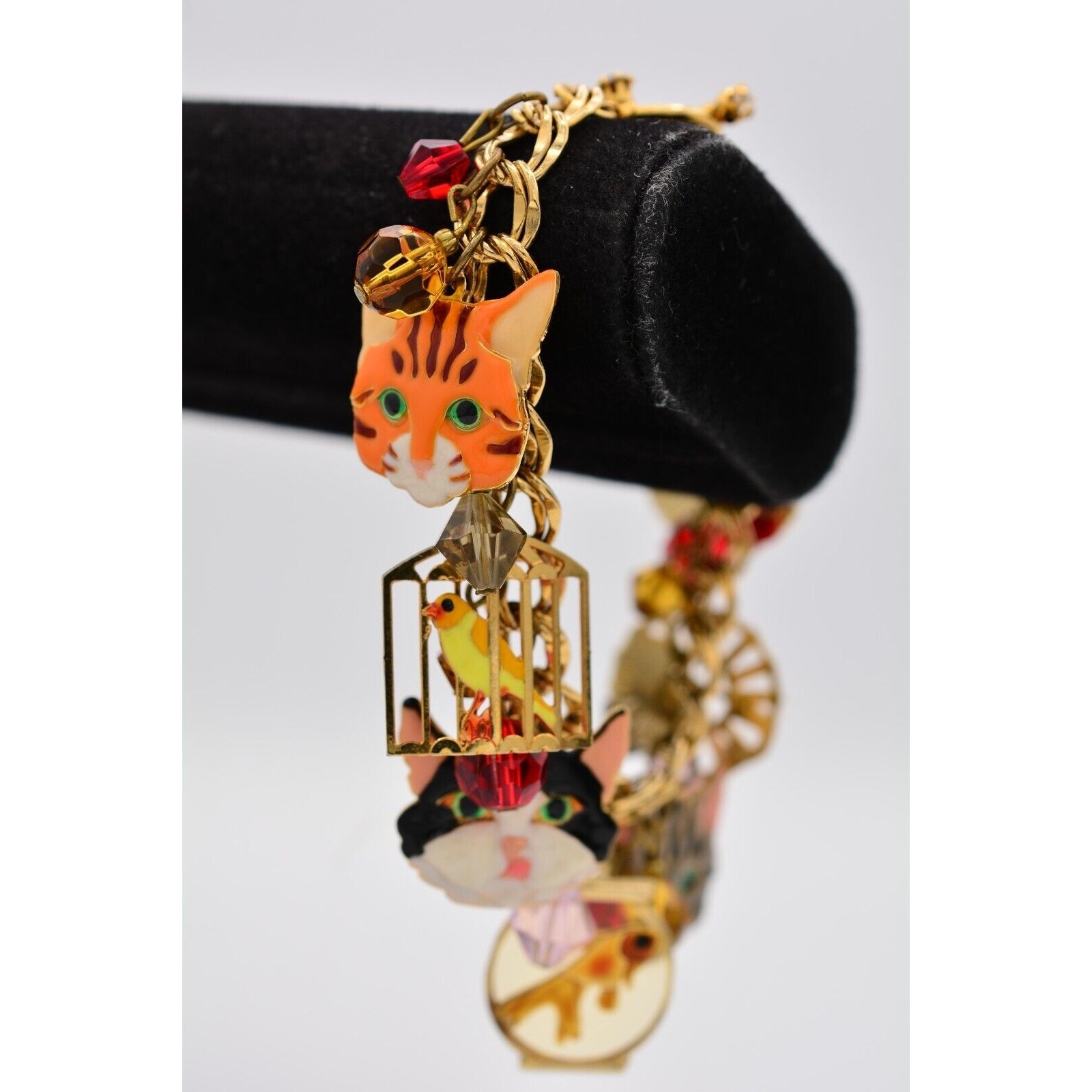 Lunch at The Ritz Vintage Cat Charm Bracelet Bird Fish Crystal Signed 1990s Bin6