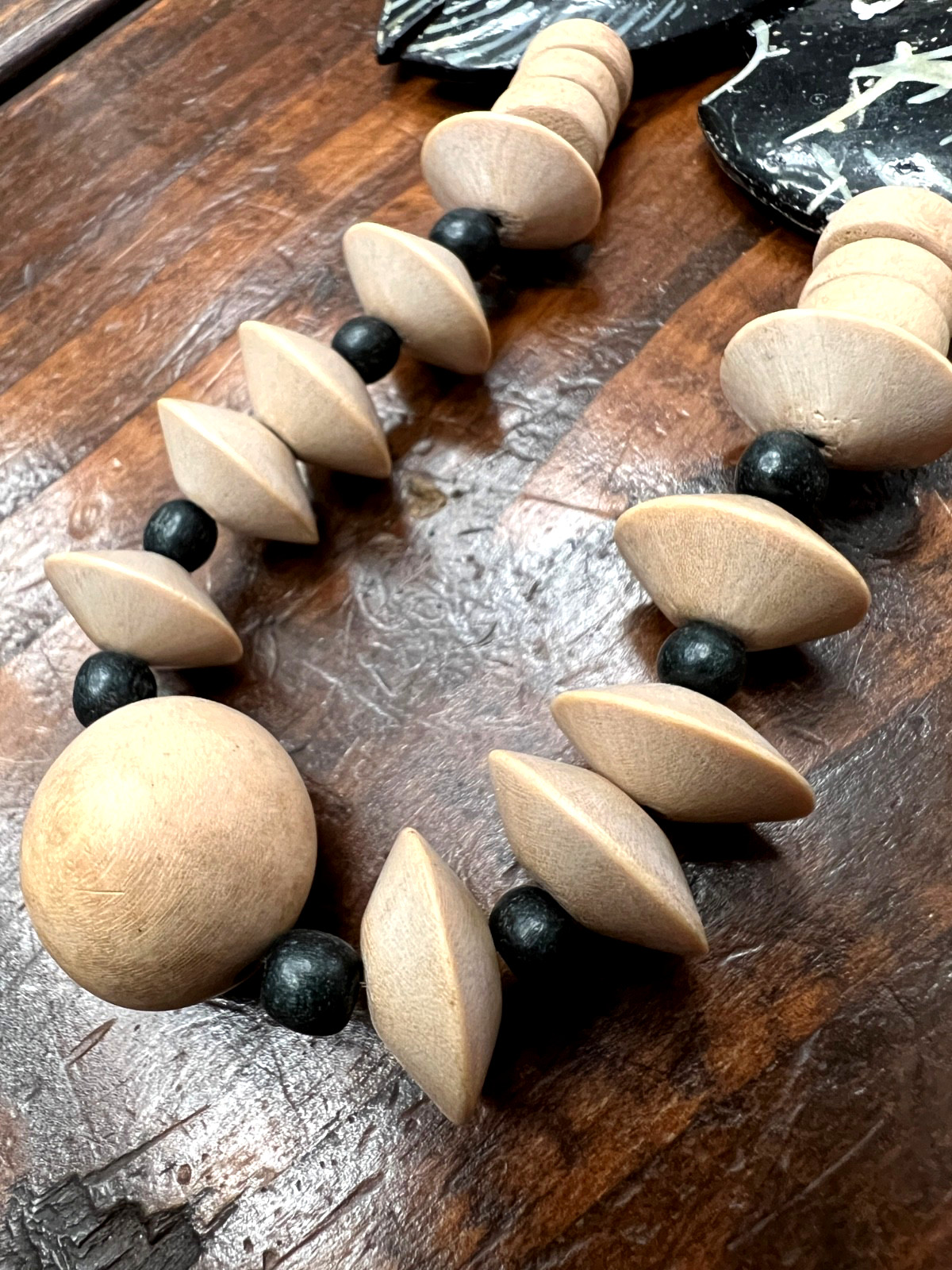 Vintage Hand Painted Fish Wood Bead Necklace Coastal Folk Art Statement 80s