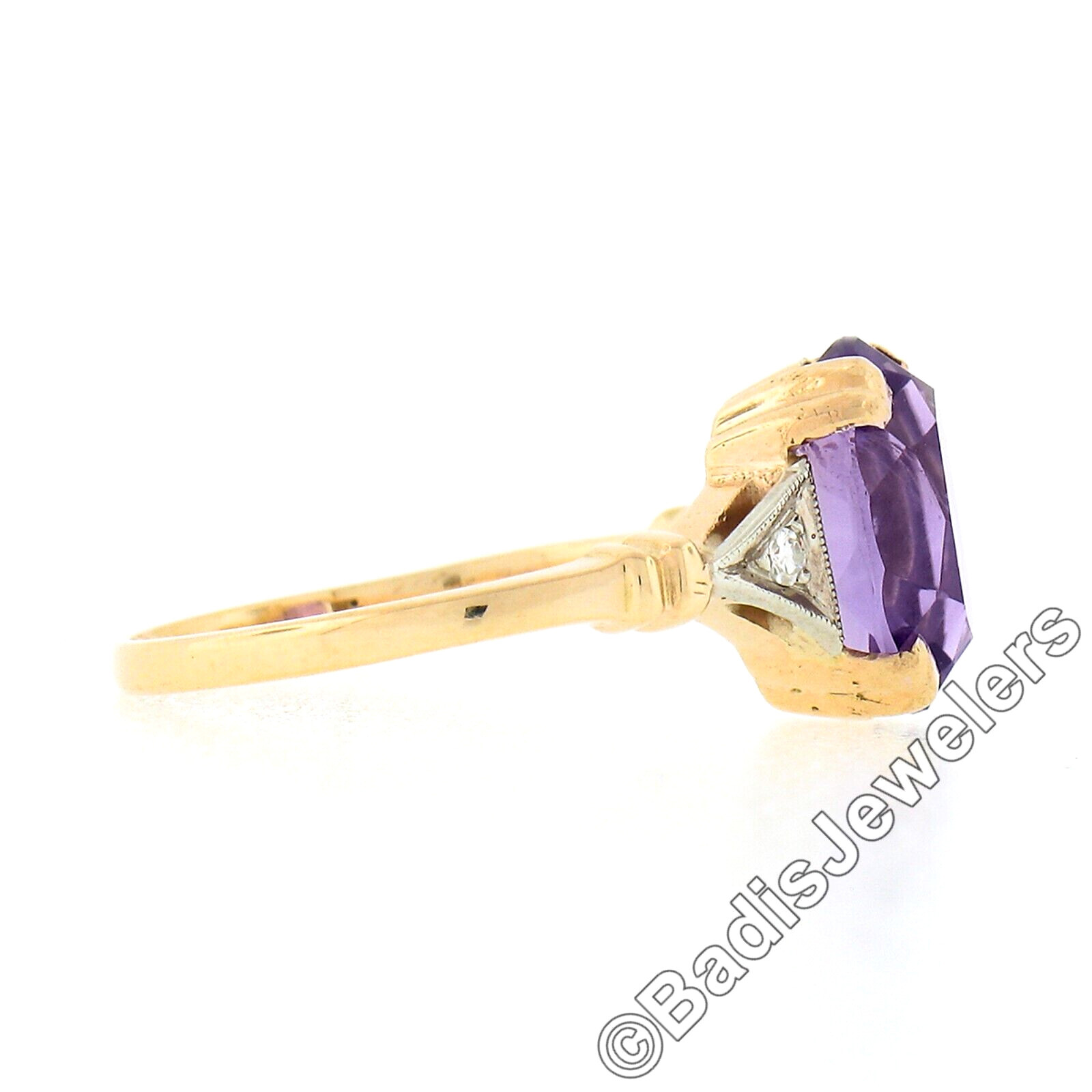 Vintage 14k TT Gold Oval Amethyst Solitaire & Old Cut White Sapphire Accent Ring