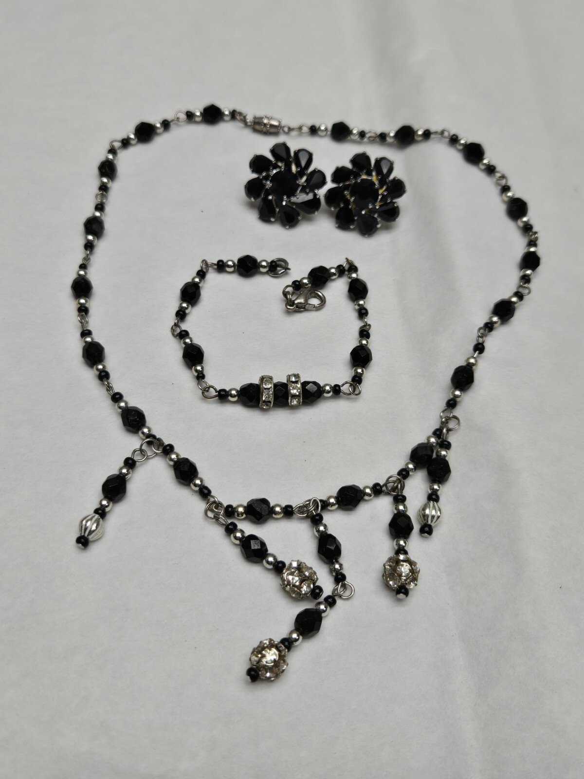 Art Deco Rhinestone Earrings, Necklace & bracelet Set Black Clear