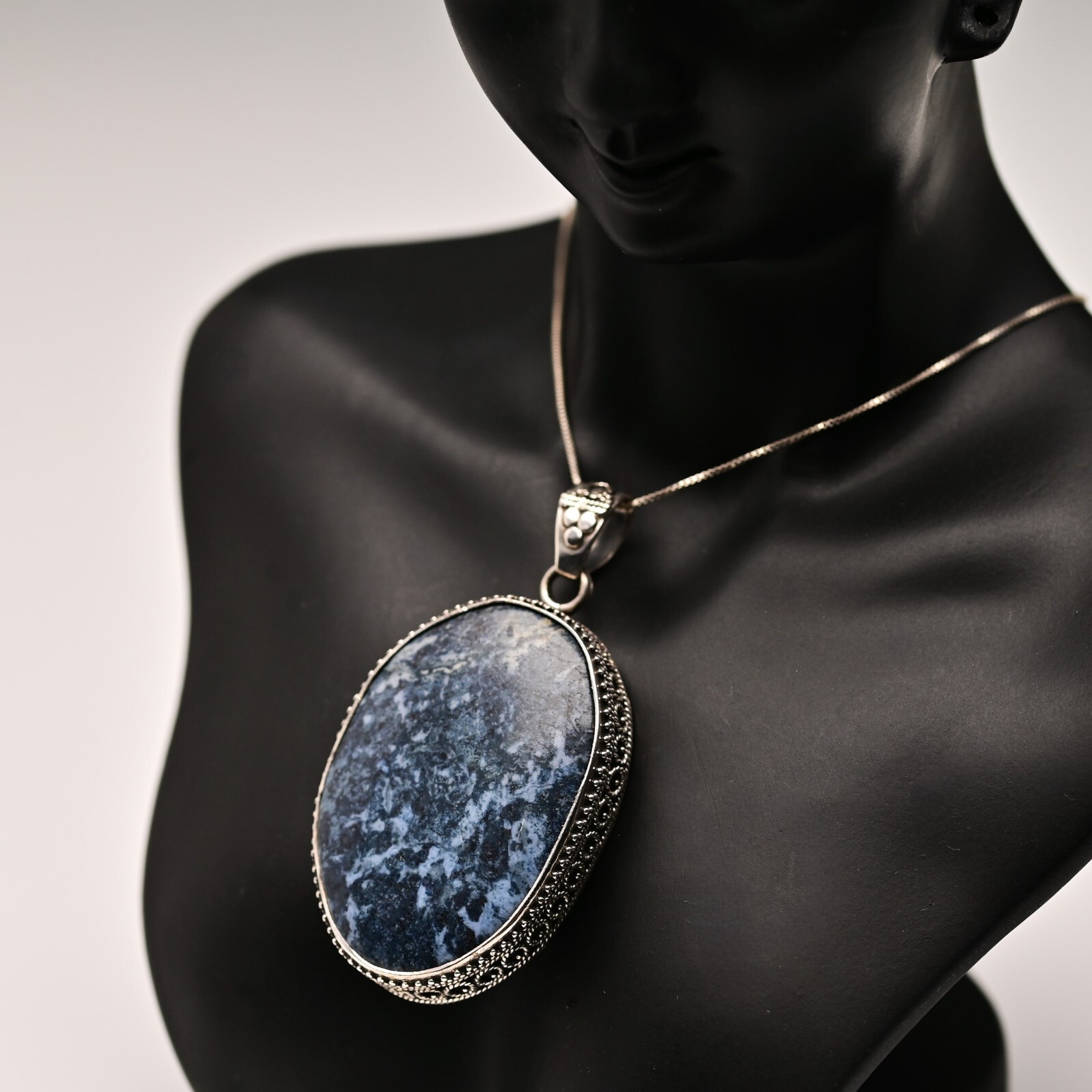 Vintage Original Sterling Silver Dumortierite Gemstone Pendant Estate Necklace