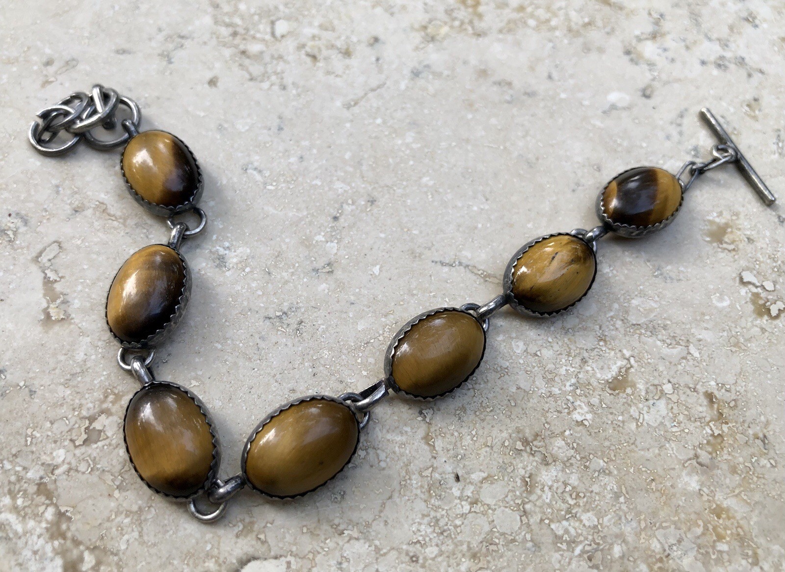 🐯🖤 ✨VINTAGE STERLING SILVER TIGER’S EYE OBSIDIAN Toggle Bracelet Set LOT ✨🖤🐯
