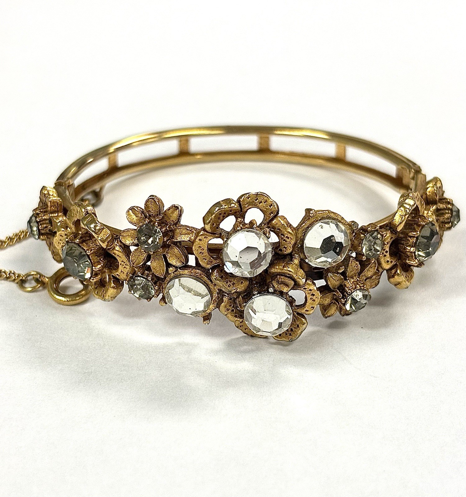 RARE VTG Signed FLORENZA Floral Rhinestone Hinged Bangle Bracelet Gold Tone HTF