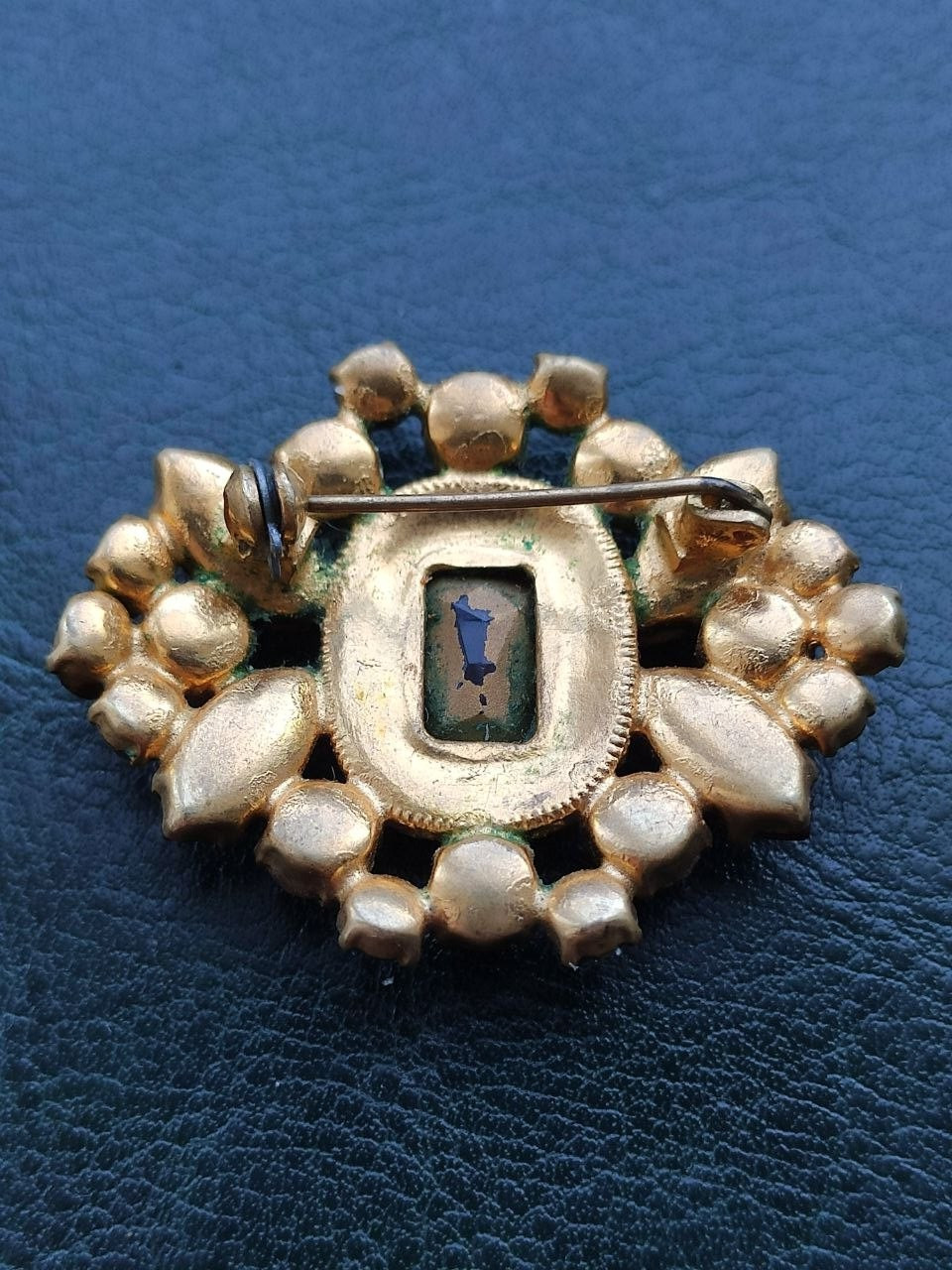 Vintage Czech Glass Brooch Red Pink Rhinestone Gold Tone Czechoslovakia Jewelry
