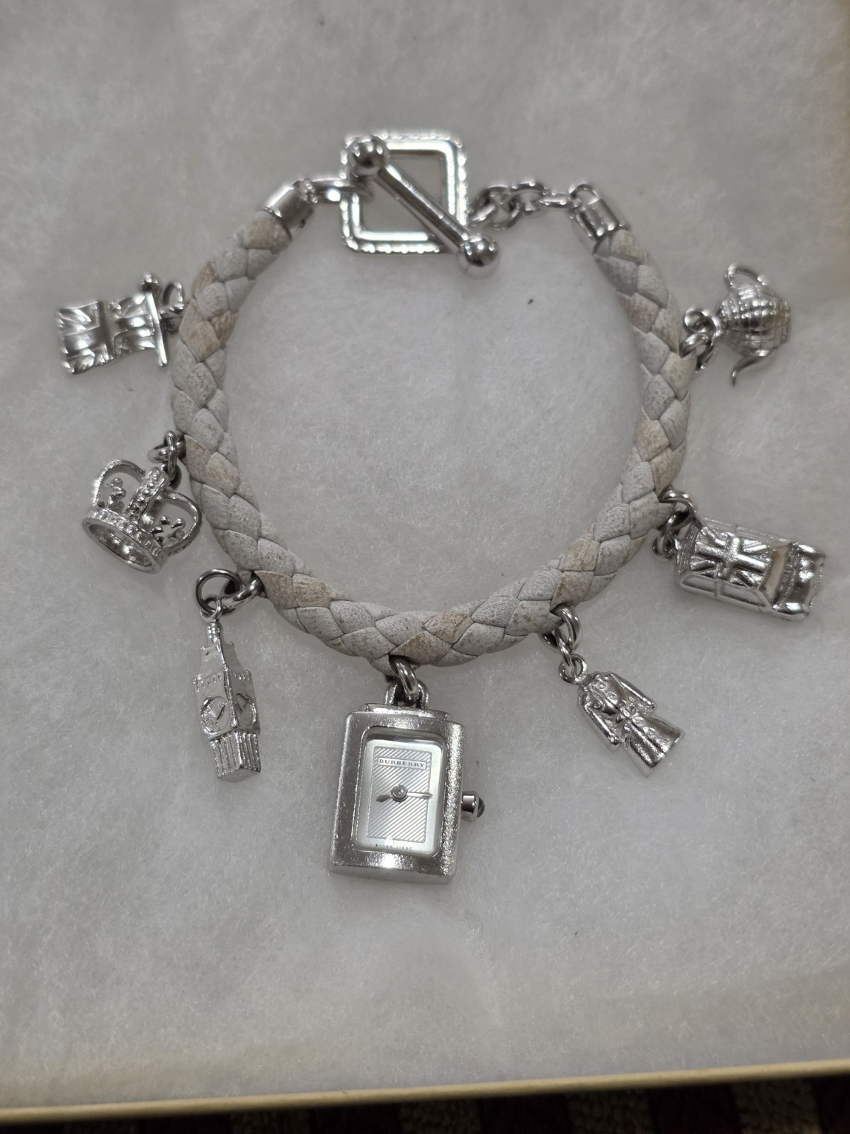 BURBERRY STERLING SILVER 925 CHARM WATCH BRACELET W/ 7 CHARMS