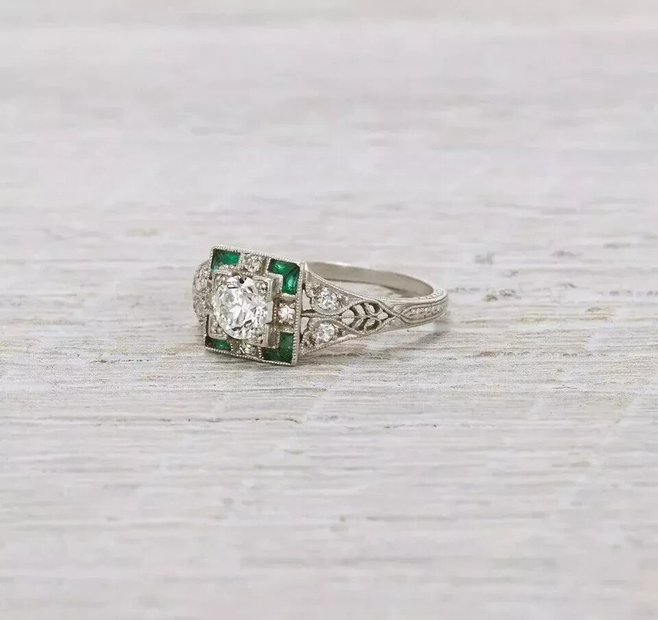 2Ct Art Deco Vintage Style Lab Created Diamond & Emerald 14K White Gold FN Ring