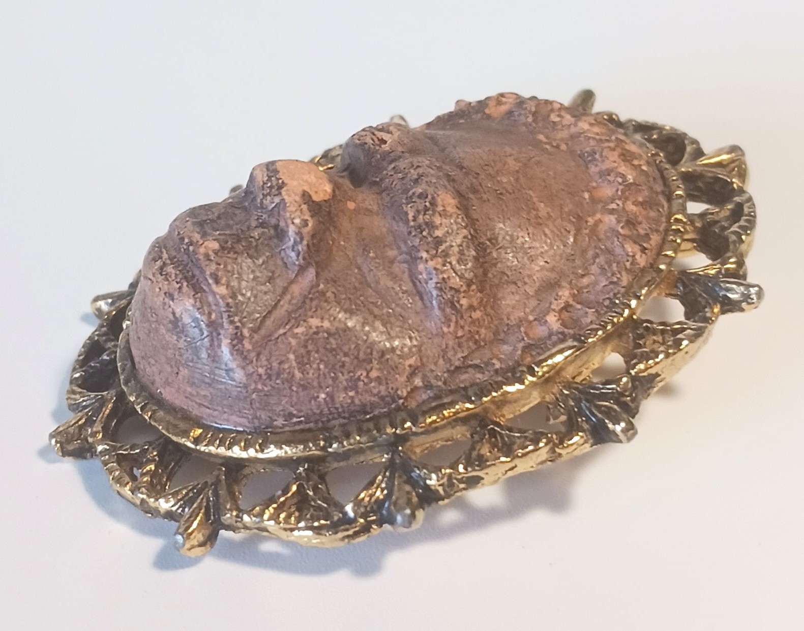 Vintage Signed Brooch: Carved Clay African Face in Ornate Gold-tone Frame