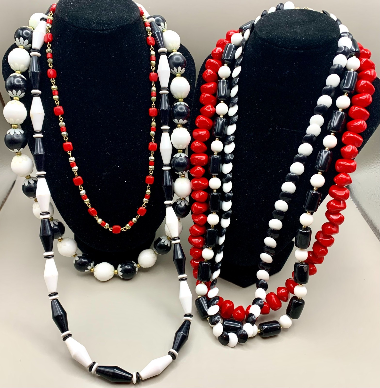Vintage Lot Beaded Necklaces Black White Red Gold Tone Acrylic Retro