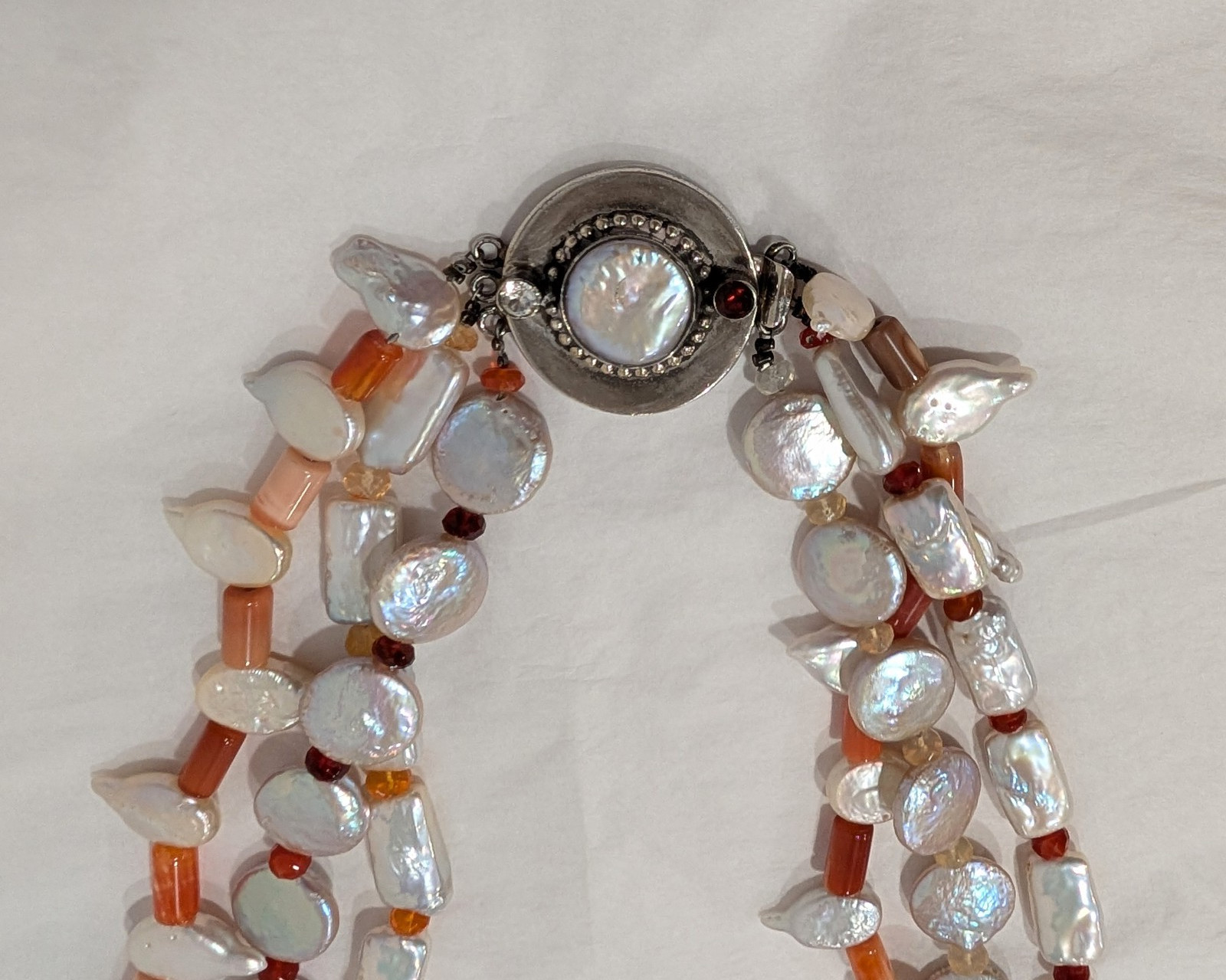 Estate 3 Strand Baroque Pearl Coral Carnelian Necklace w/925 Silver Clasp 20 in.