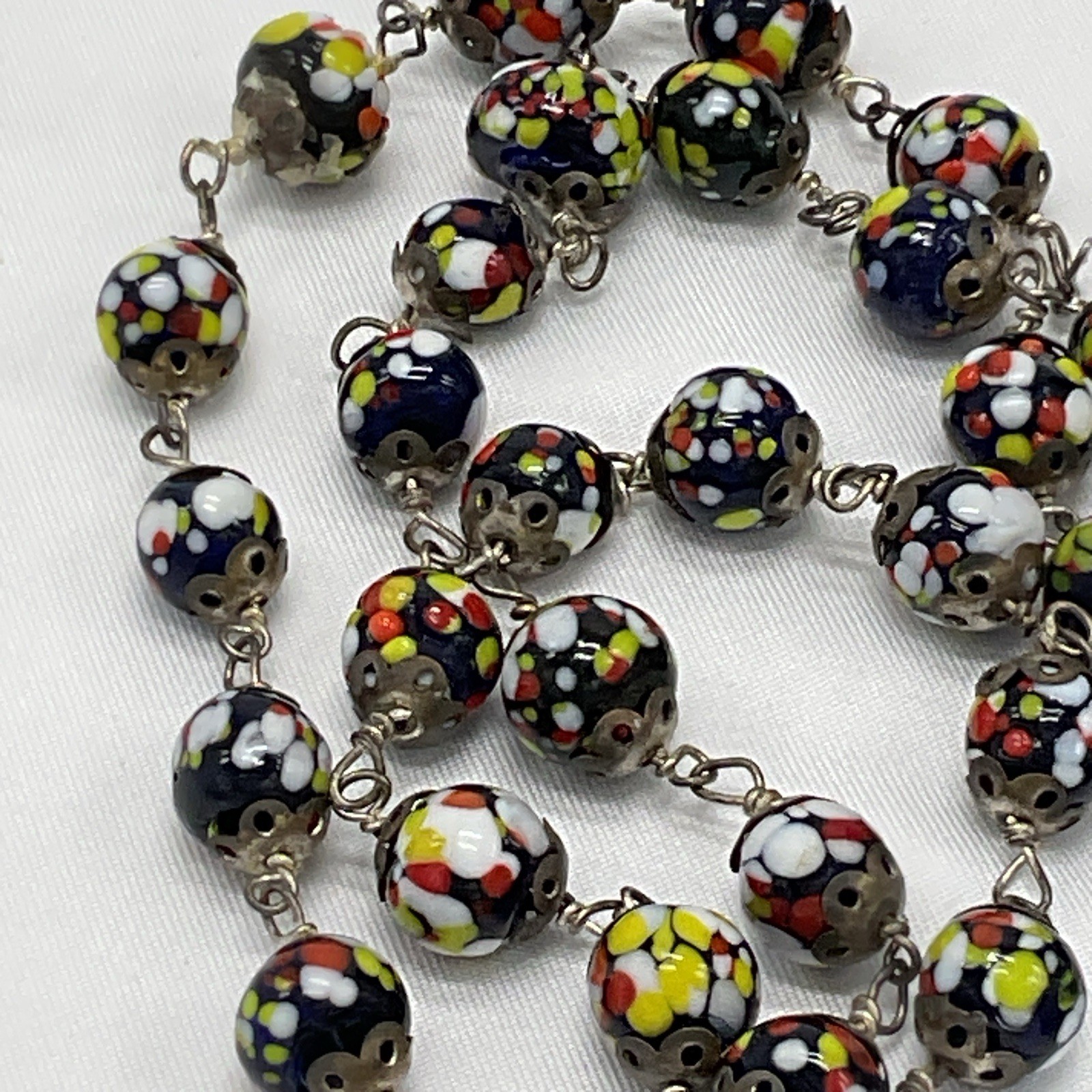 Vintage Millefiori Glass Bead Necklace Murano Style Wire Linked 22” Italy READ