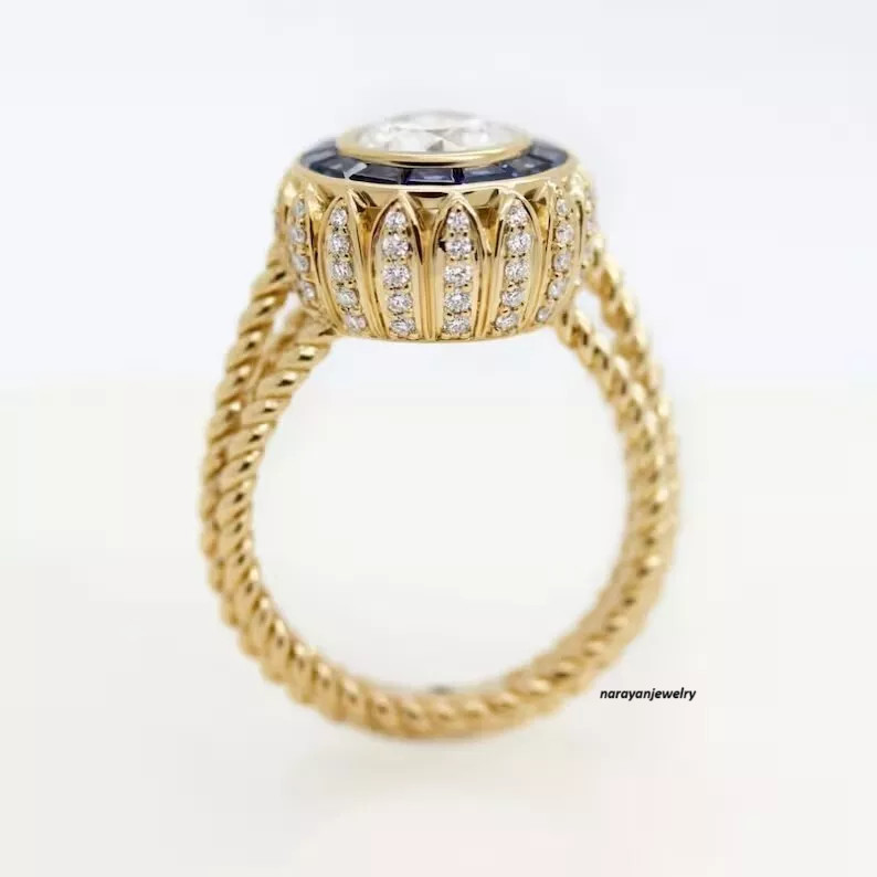 Art Deco Style Round Lab Created Diamond With Sapphire Halo 14K Gold Ring