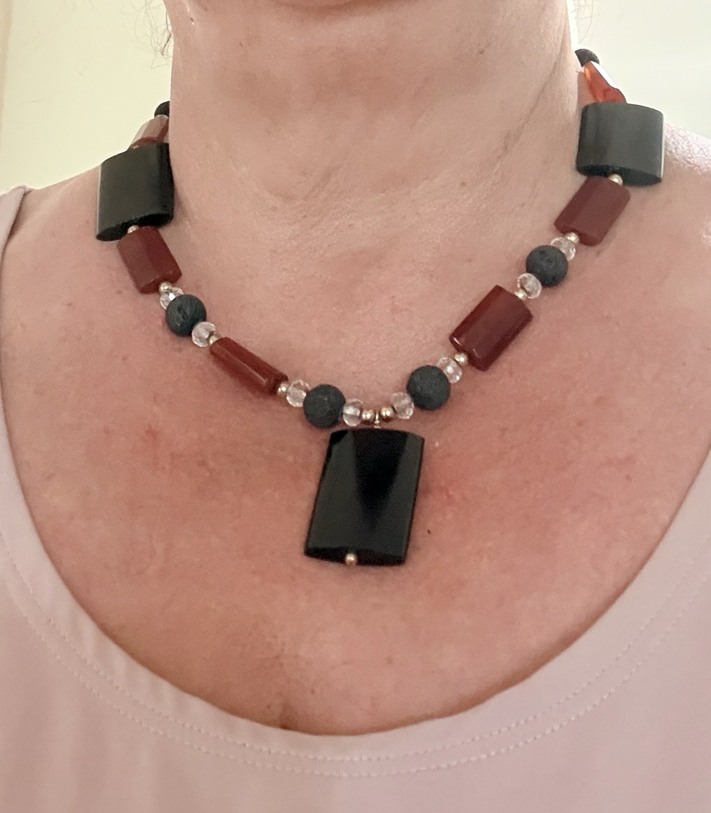 Handmade Carnelian Lava Stone Black Onyx Style Necklace Gold Filled Statement