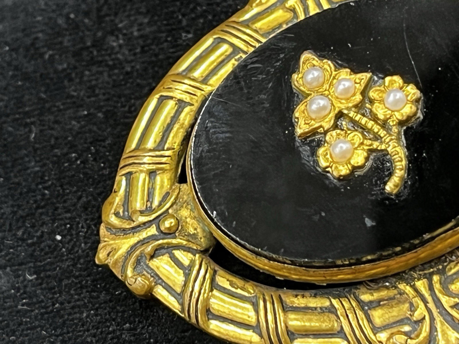 Victorian/Mourning Style VTG. Repousse Brass Black Glass Brooch Faux Pearl 2 1/8