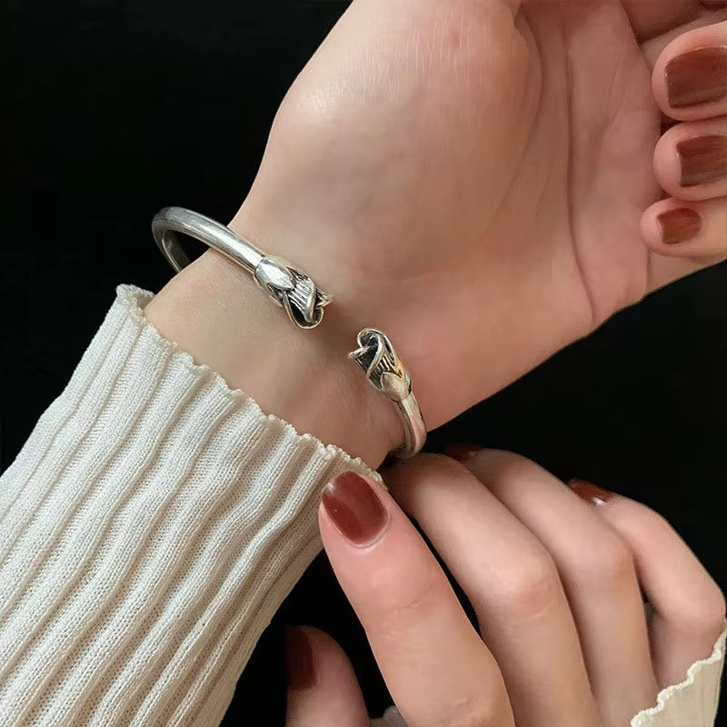 Vintage Flower Retro Rose Cuff Bangle 925 Sterling Silver Women Jewelry Bracelet