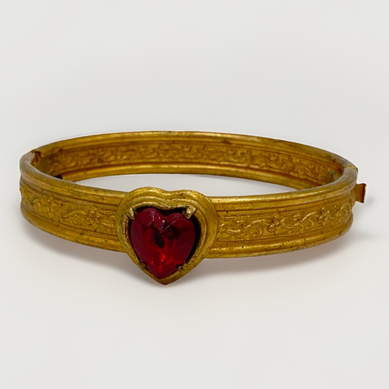 Vintage Victorian Revival Heart Bangle Bracelet Red Glass Gold Tone Hinged TINY*