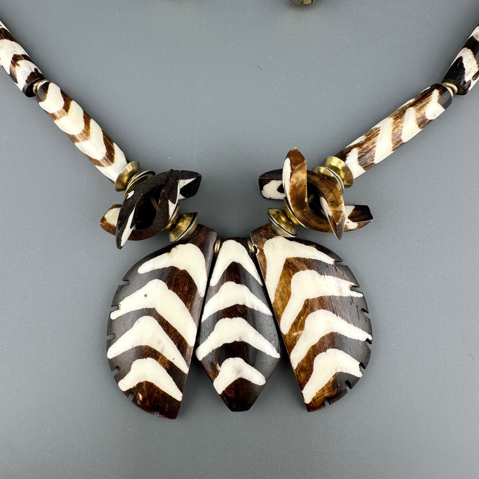 Vintage African Tribal Necklace Earrings Set Batik Bone Brown Cream Bovine Boho