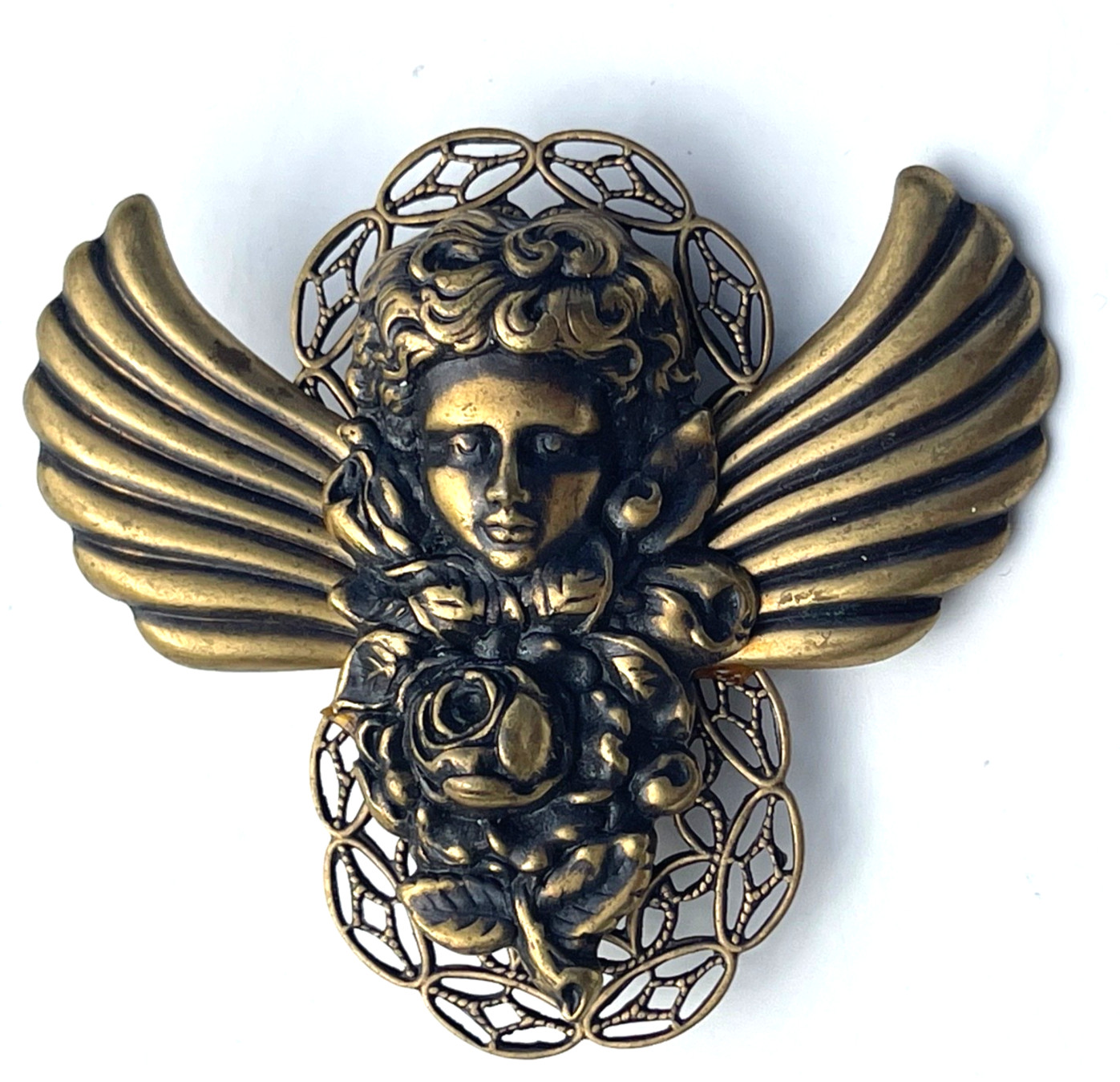VTG Christmas Angel Brooch Rose Filigree Wings Cabochon Antique Gold Tone Pin