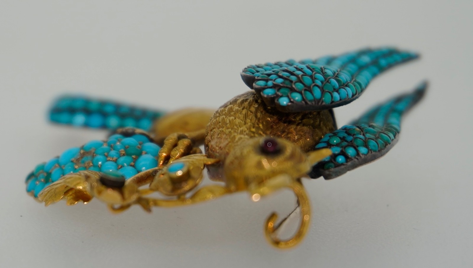 Antique 18K Pave Turquoise & Ruby French Bird Brooch