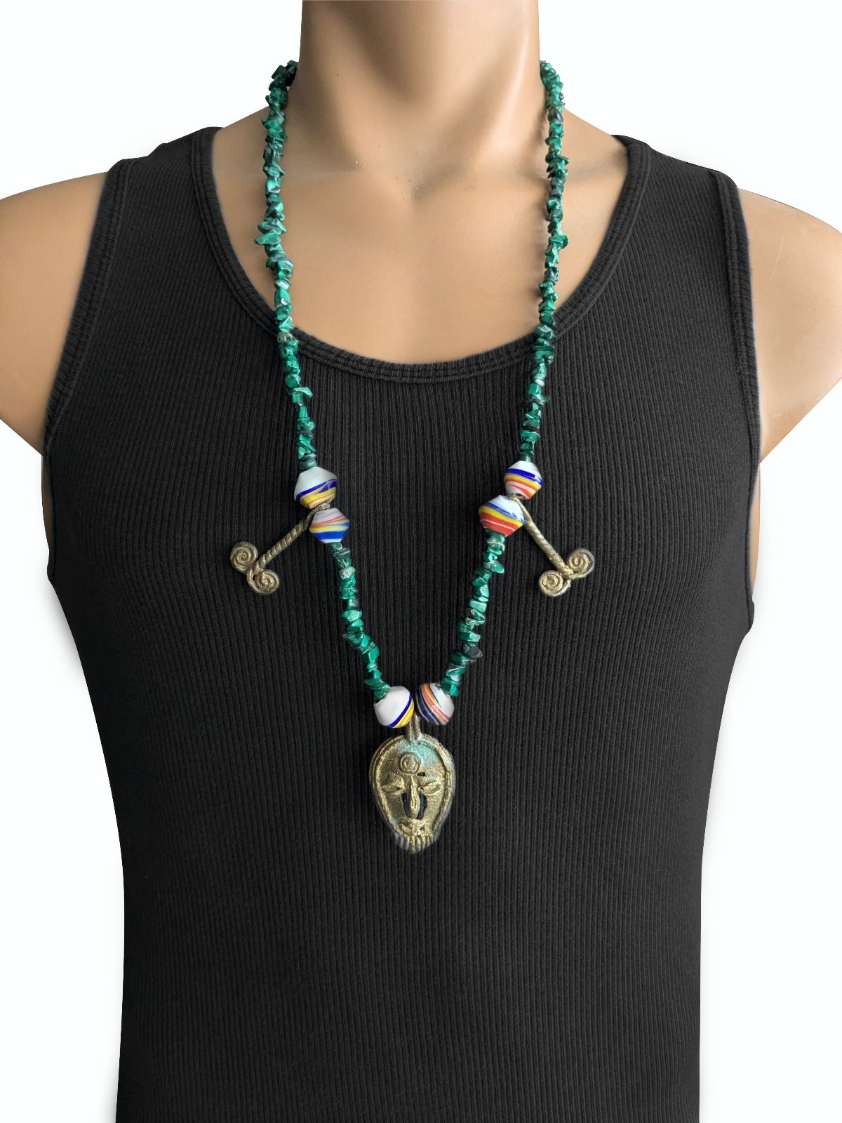 Vintage African Malachite Beaded Necklace Brass Mask Pendant Gift for Men