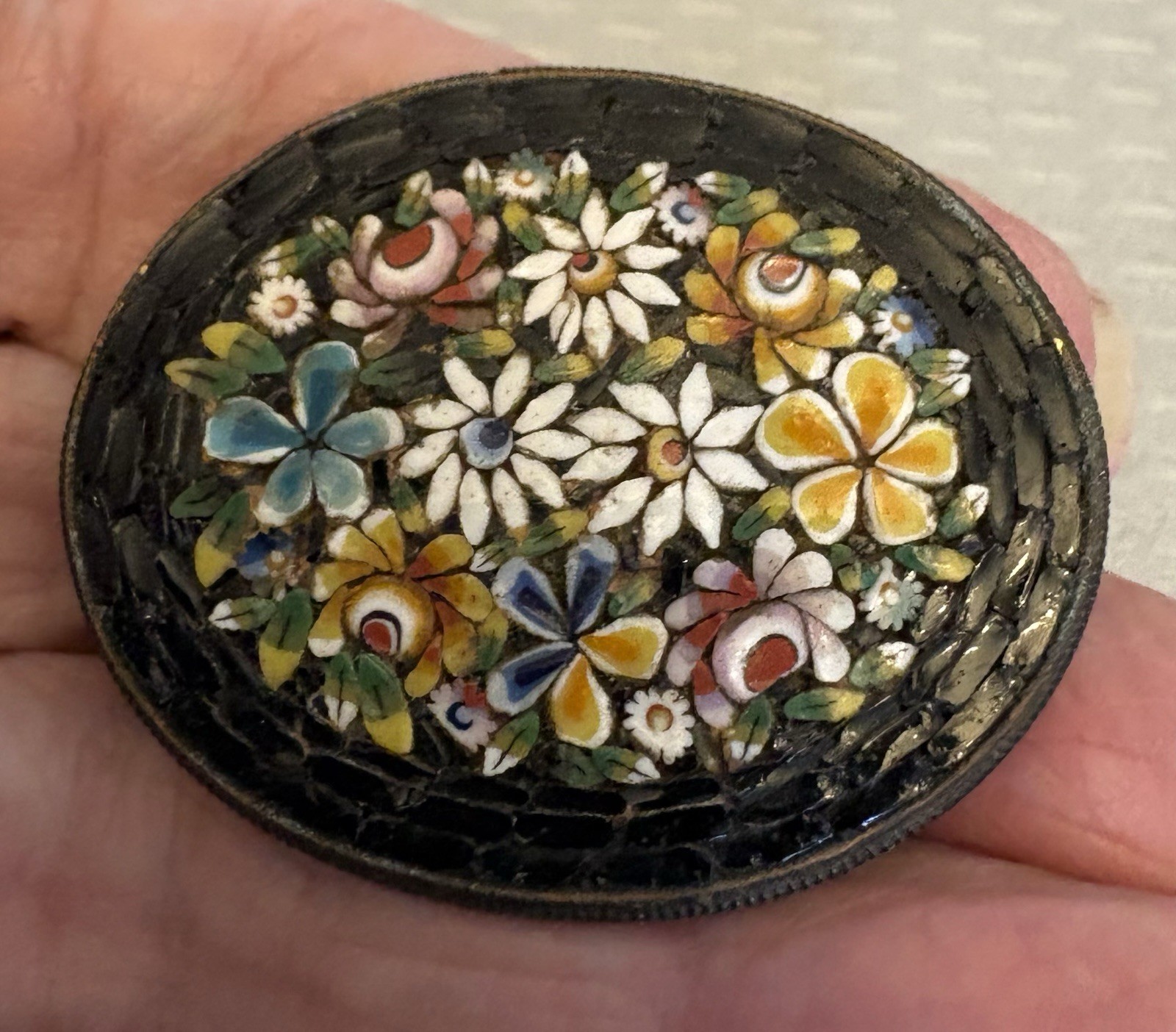 Antique Micro Mosaic Brooch Signed FAP Italy Black Daisy Bouquet Brass C hook
