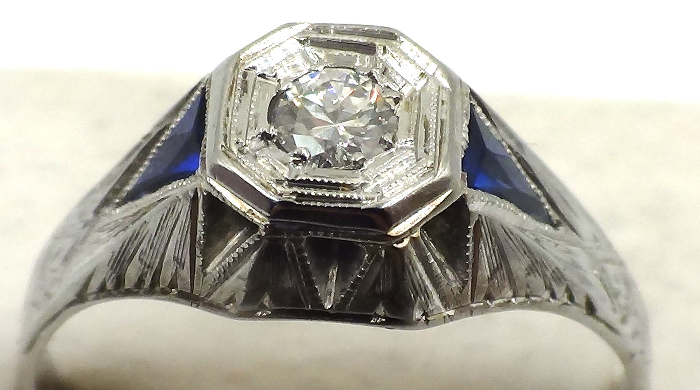VINTAGE ANTIQUE 18K WHITE GOLD EUROPEAN ROSE CUT DIAMOND & SAPPHIRE RING 3.95 GR