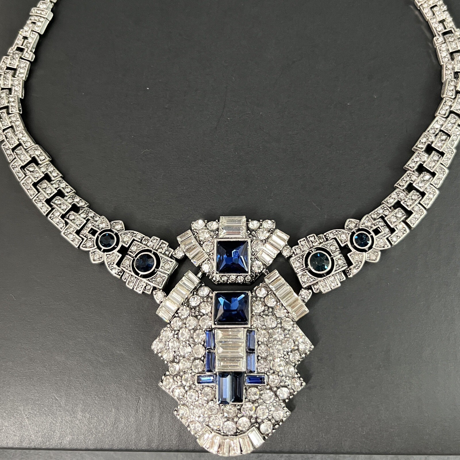 Art Deco Revival Rhinestone Choker Necklace Silver Blue Lavalier Wedding Bride