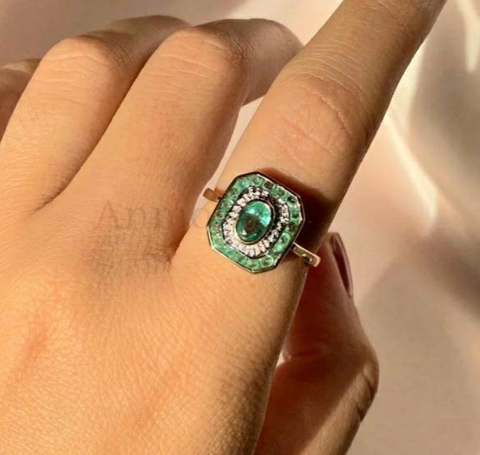 Vintage Art Deco Style Oval Lab Created Emerald Engagement 14K Gold Finish Ring