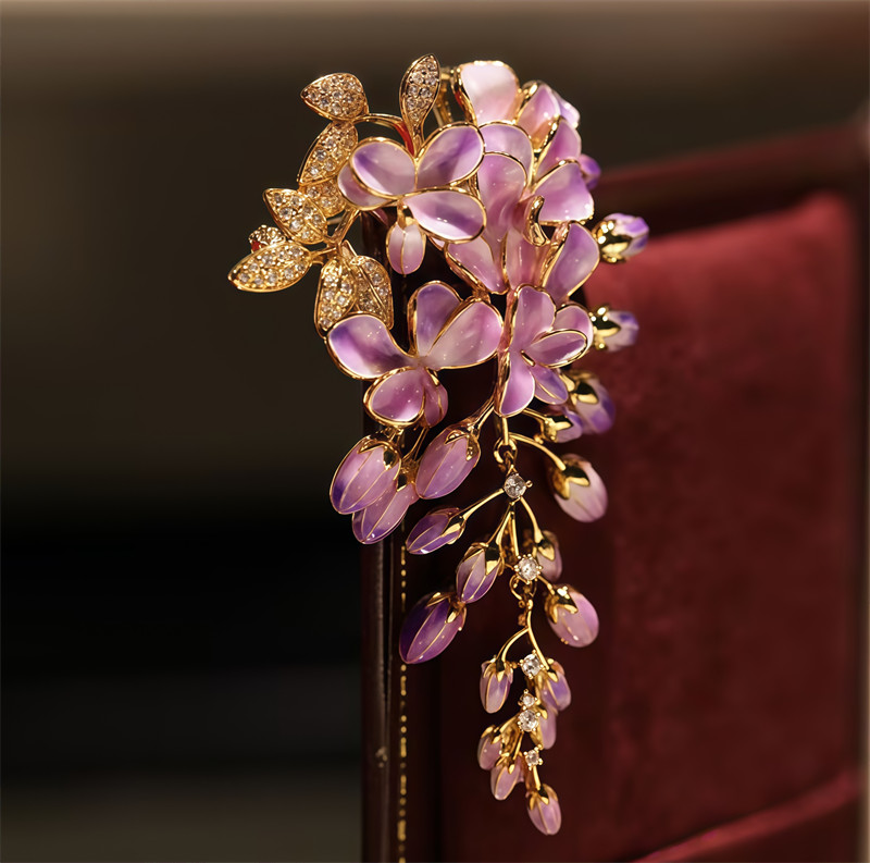 Enamel Color Design Purple Wisteria Flower Brooch, High Quality Flower Brooch