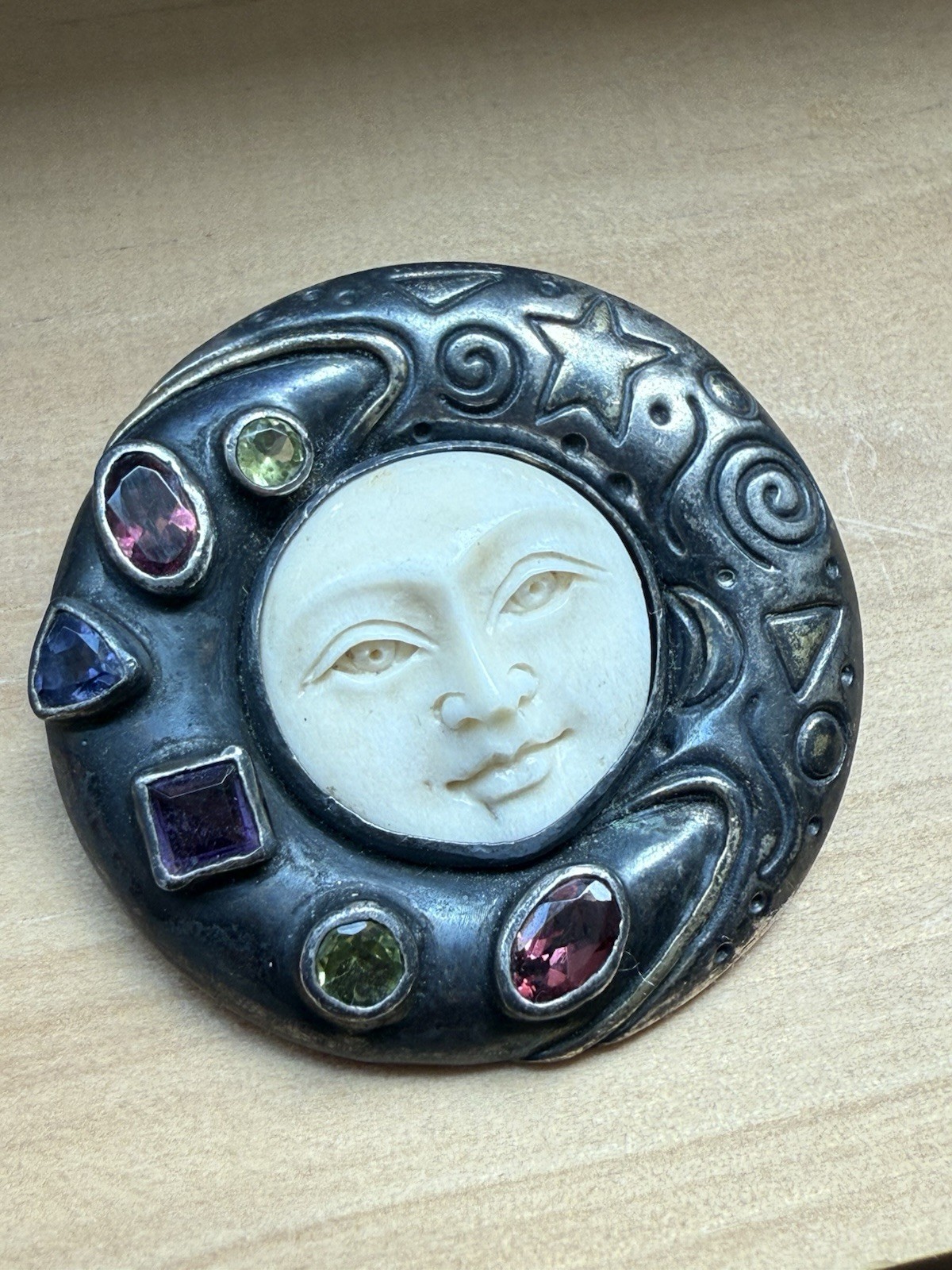 MYSTIC MOON FACE Sterling Silver Amethyst Topaz Carved Goddess Pendant Brooch