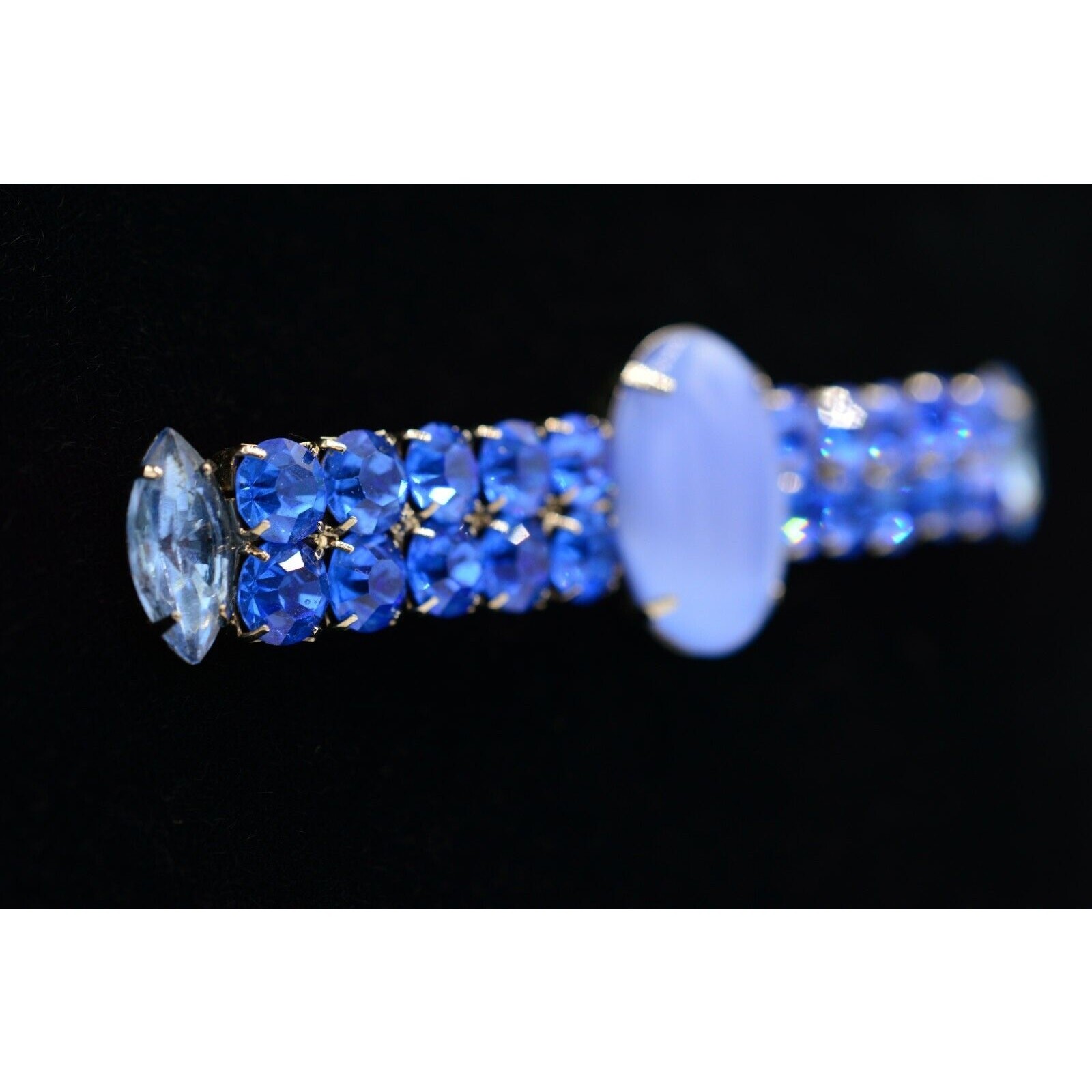 Vintage Cabochon Crystal Pin Brooch Prong Rhinestone Blue Bar Chunky 1980s BinV