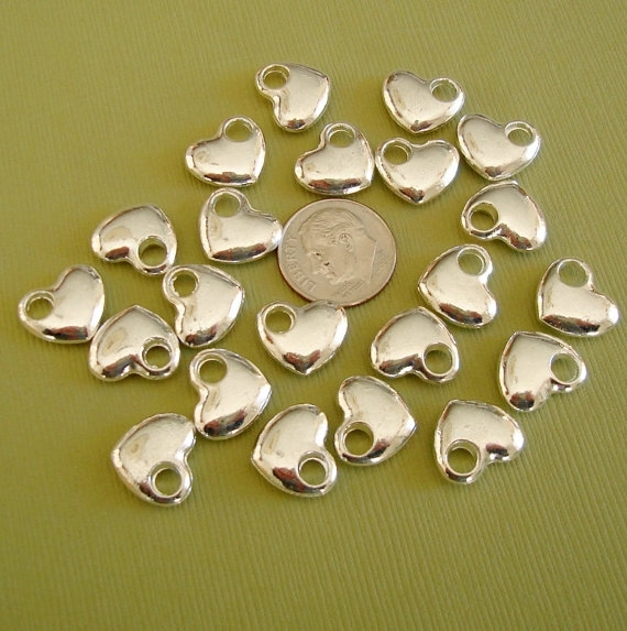 10pcs-Sterling Silver Plated Heart Charm, Pendant, Double Sided.