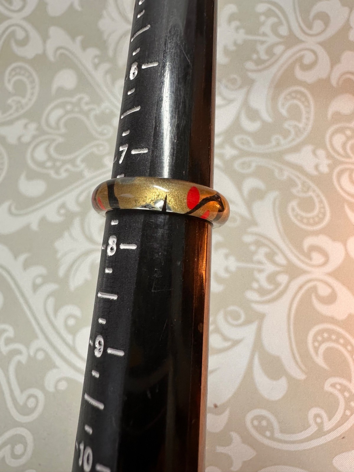 Thin Lucite Band Ring Red and Black Abstract Design Size 7.5