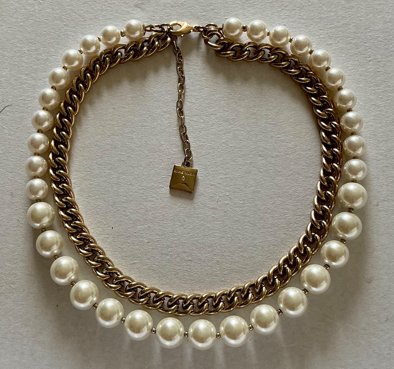 VINTAGE ANNE KLEIN Signed Pearls Gold Metal Chain Collar Choker Necklace